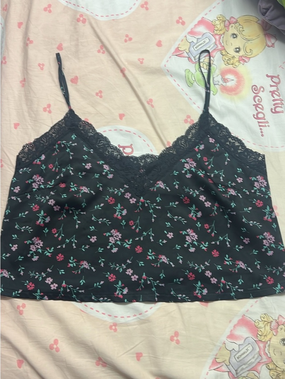 Black and pink satin floral cropped camisole